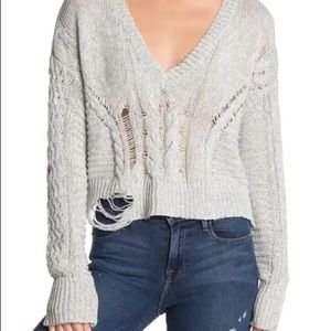 WILDFOX Distressed Cropped Cable Knit Sweater Gray